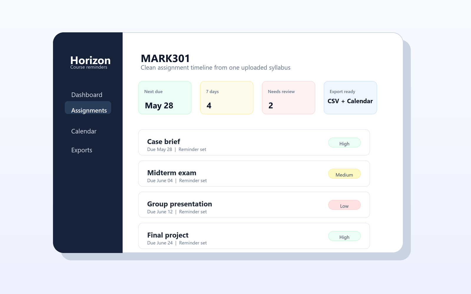 Horizon assignment dashboard preview
